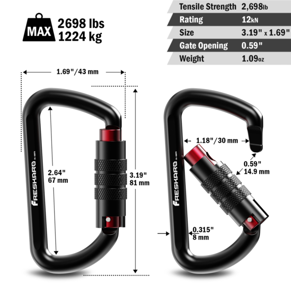 12kN Screw-locking Black Carabiner Dimensions