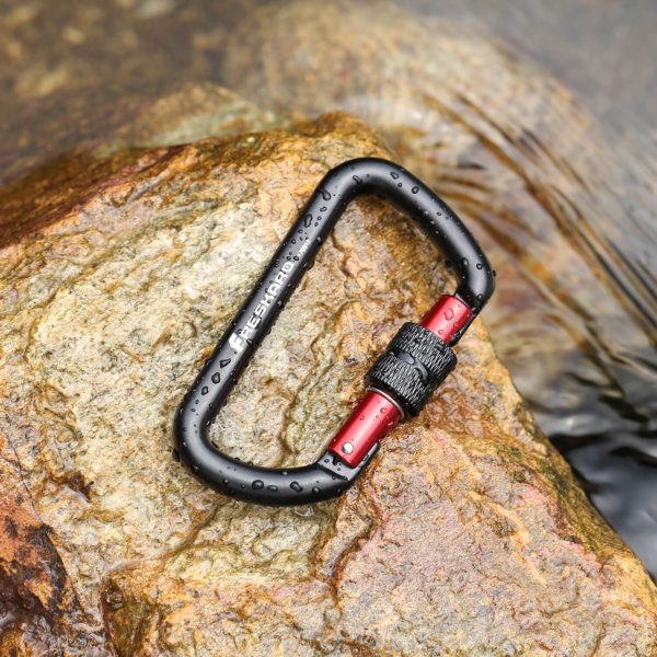 12kN Screw-locking D Carabiner Black on Rocks