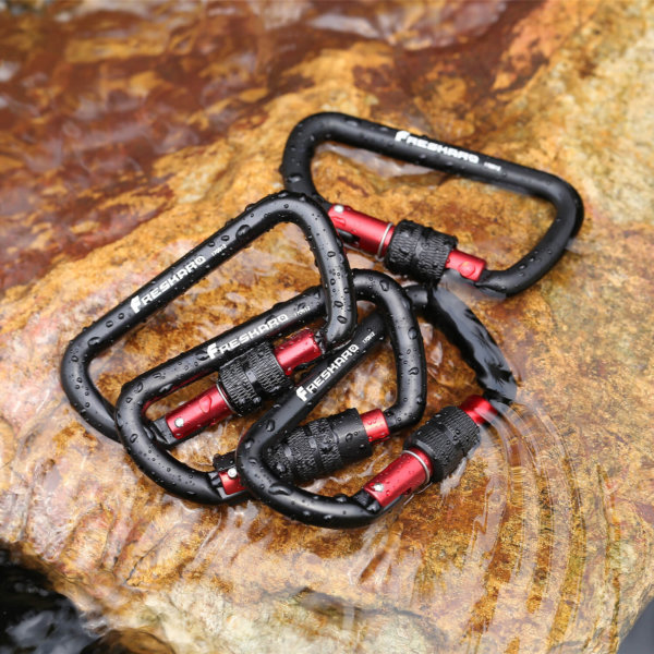 12kN Screw-locking D Carabiner Black 4Pack on Rocks