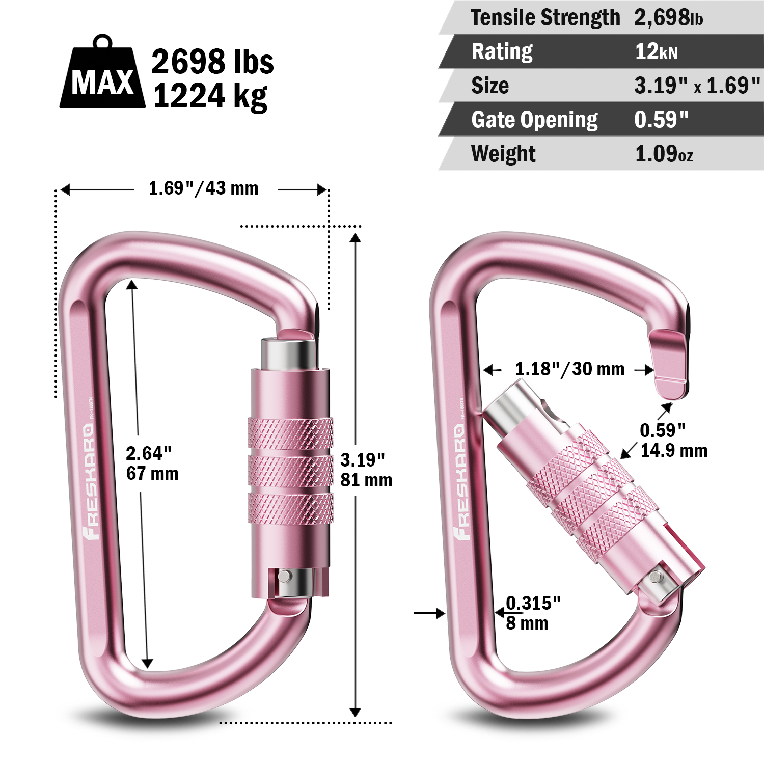 Diamond Visions 5 PC Pink Aluminum Carabiner 2 inch D-Ring Snap Hook Key Chain Keyring Spring Clips, Women's, Size: One Size