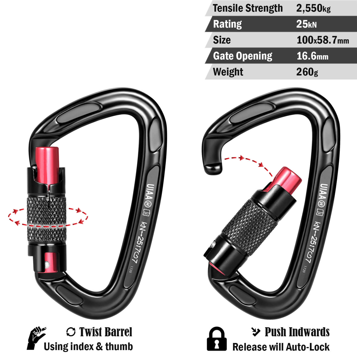 3 Pack Certified 24KN Heavy Du Climbing Carabiner with Auto Locking 5400 lbs 