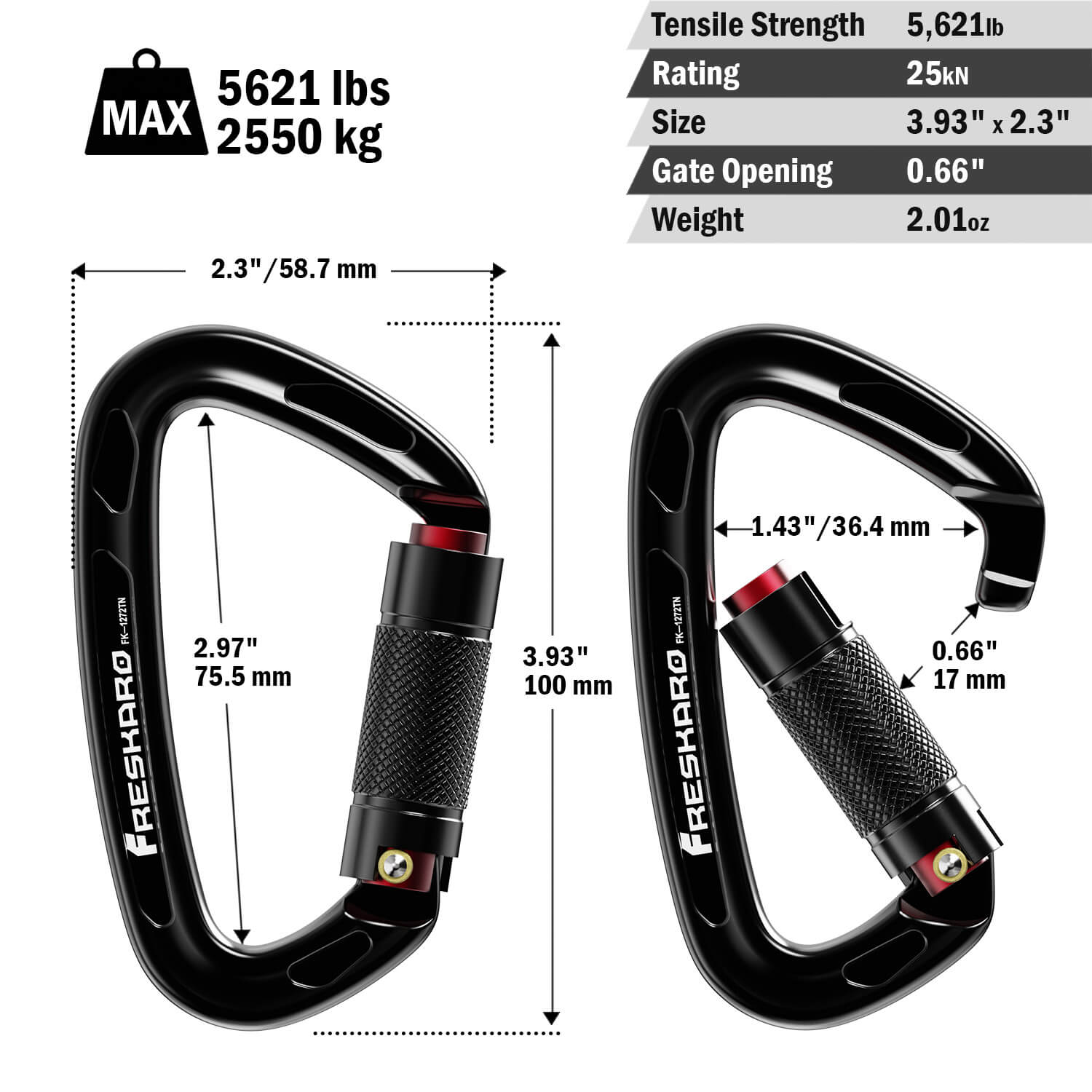 FresKaro Locking Climbing Carabiners- UIAA Certified 25kn Auto Locking Carabiner Clips, Twist Lock and Heavy Duty Caribeaners for Rock Climbing