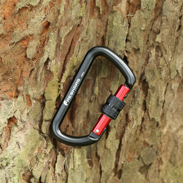 12kN Screw Locking Carabiner hanging on a tree